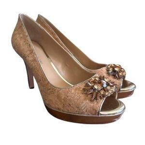 Antonio Melani jeweled peep-toe cork heels:9.5M- leather sock and sole